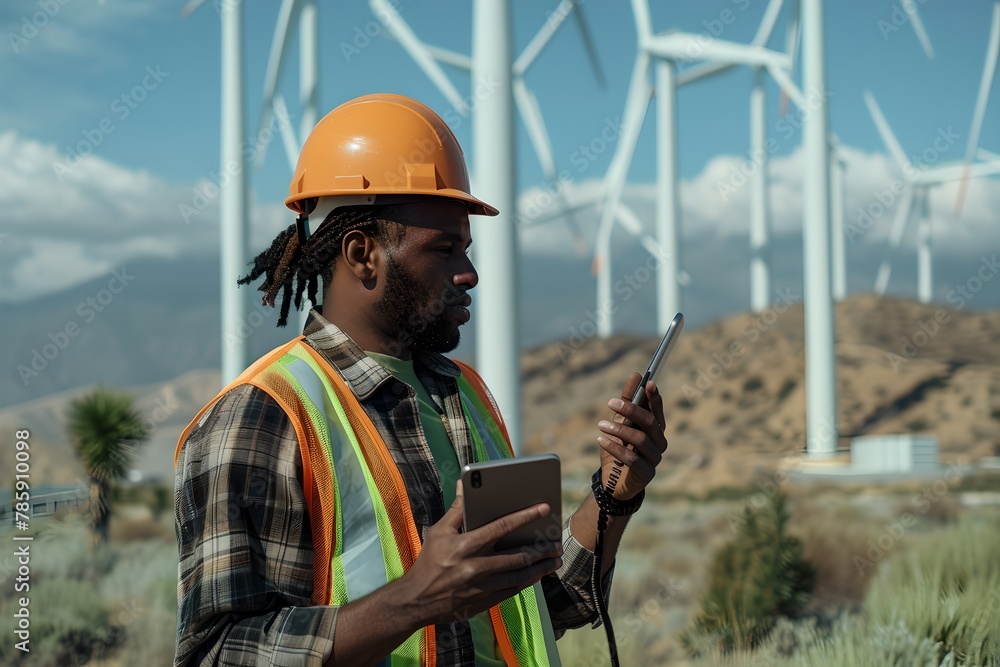 Engineer with tablet inspecting wind turbines. Sustainable energy professional at work. Environmentally friendly power generation. Outdoor industrial scene. Generative AI Engineer with tablet inspecting wind turbines. Sustainable energy professional at work. Environmentally friendly power generation. Outdoor industrial scene. Generative AI