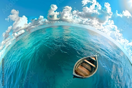 Small wooden boat on an expansive ocean, with a surreal fish-eye lens effect. Calm waters under a clear sky. Generative AI