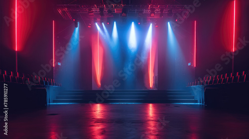 Front view of a stage with a black LED screen in the middle, above are white, red a blue lights. Generative AI. © visoot