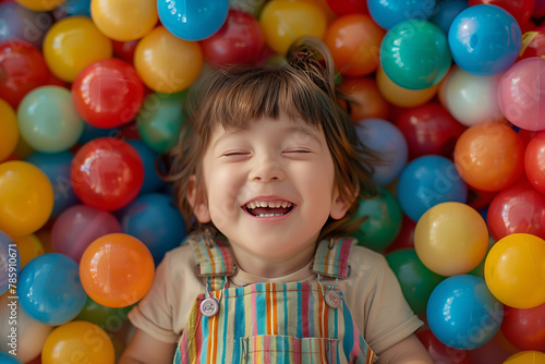 An adorable child surrounded by colorful balls, captured in a moment of pure laughter and joy