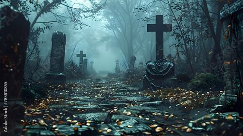 Eerie Graveyard Pathway Through Haunted Foggy Forest with Ominous Crosses and Decaying Remains
