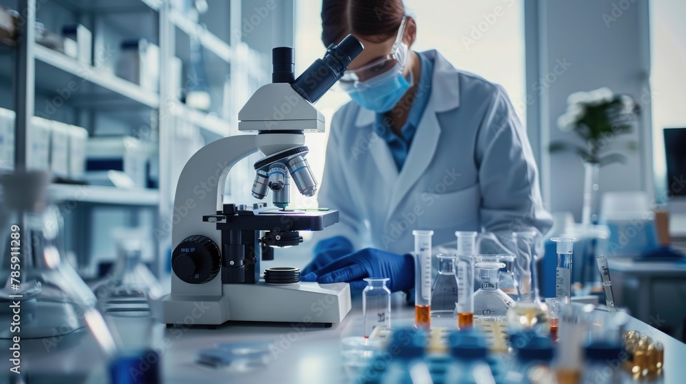 scientist use microscope in in biotechnology laboratory room.generative ai