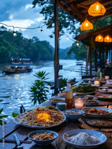 A cozy family meal in a natural setting, featuring homemade Thai fried rice.