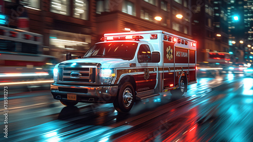 Ambulance at speed rendered in dramatic motion blur critical role of first responders. Generative AI.