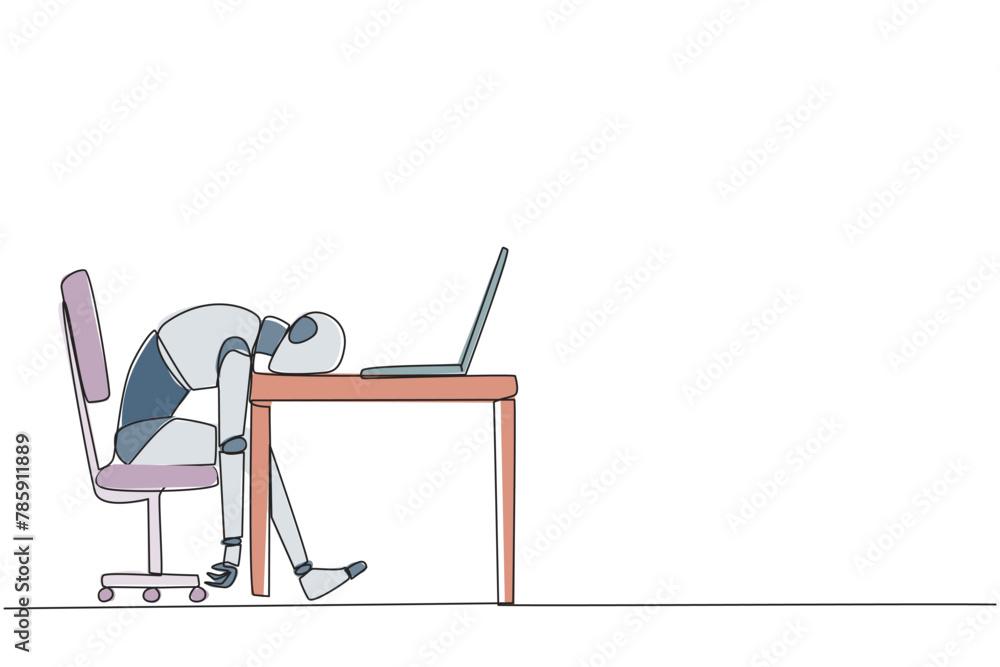 Fototapeta premium Single one line drawing robot fell asleep in front of laptop computer. Fatigue running business. Mental health problem. Exhausted and bored. AI technology. Continuous line design graphic illustration