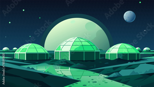 Vivid splashes of green can be seen amidst the dark rocky terrain of the moon as the colonys greenhouses continue to expand marking a major
