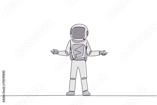 Continuous one line drawing young astronaut standing straight with open arms. Lonely and sadness astronaut lamenting undeveloped business. Unhappy manager. Single line draw design vector illustration