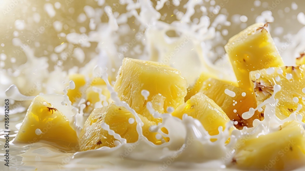 A pineapple dropped into milk, the fruit creating a splash and adding a burst of vibrant color against the white background. A pineapple dropped into milk, the fruit creating a splash and adding a burst of vibrant color against the white background.