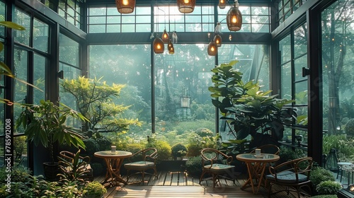 Beautifully tea house with plants and amazing view. Generative AI.
