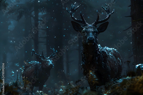 Ethereal Reanimated Deer Emerging from Shadowy Forest at Night