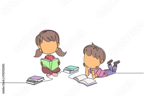 Continuous one line drawing kids who really likes reading. Everyday one book is read. Good habit. There is no day without reading book. Book festival concept. Single line design vector illustration