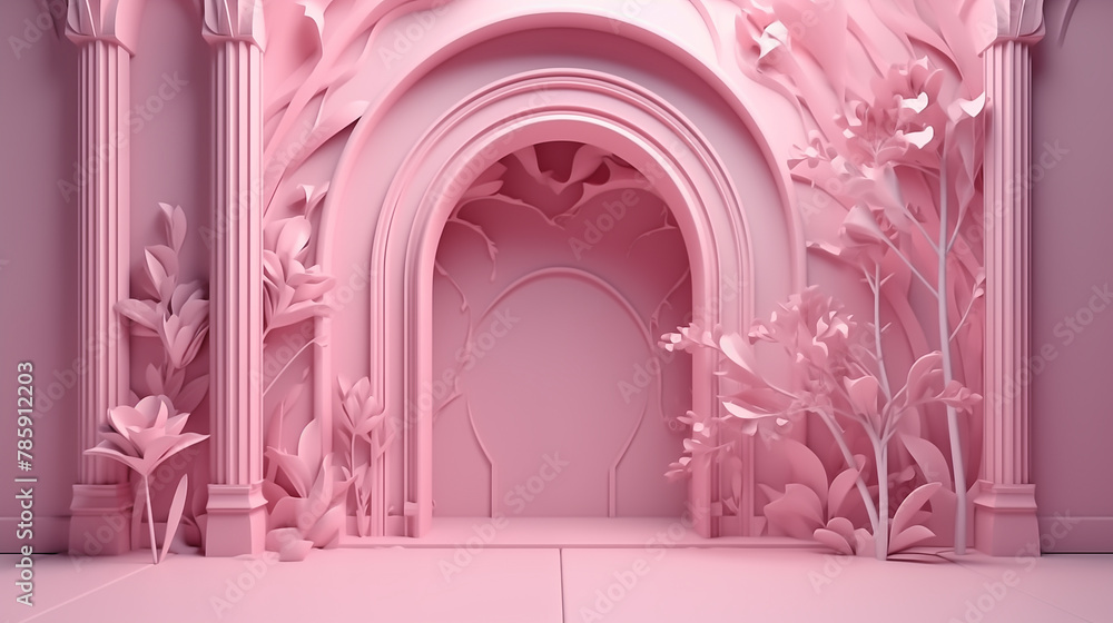 pink floral 3d background, in the style of dreamlike architecture, lightbox, arched doorways pink floral 3d background, in the style of dreamlike architecture, lightbox, arched doorways