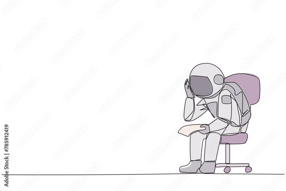 Continuous one line drawing sad astronaut sit limply in a chair. Pensively holding a piece of bill paper. The large of receivables, business will collapse. Single line draw design vector illustration Continuous one line drawing sad astronaut sit limply in a chair. Pensively holding a piece of bill paper. The large of receivables, business will collapse. Single line draw design vector illustration