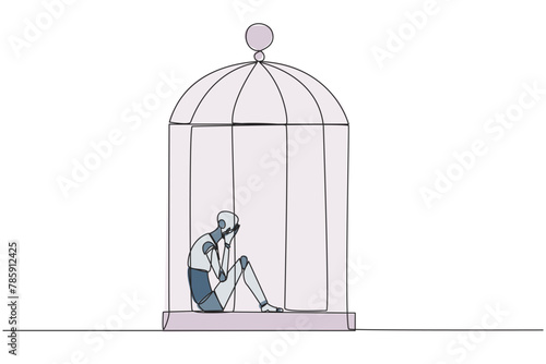 Single continuous line drawing smart robotic trapped in the cage sitting covering face. Feel utterly defeated. Trapped in a dirty business. Mentally tired. Lost. One line design vector illustration