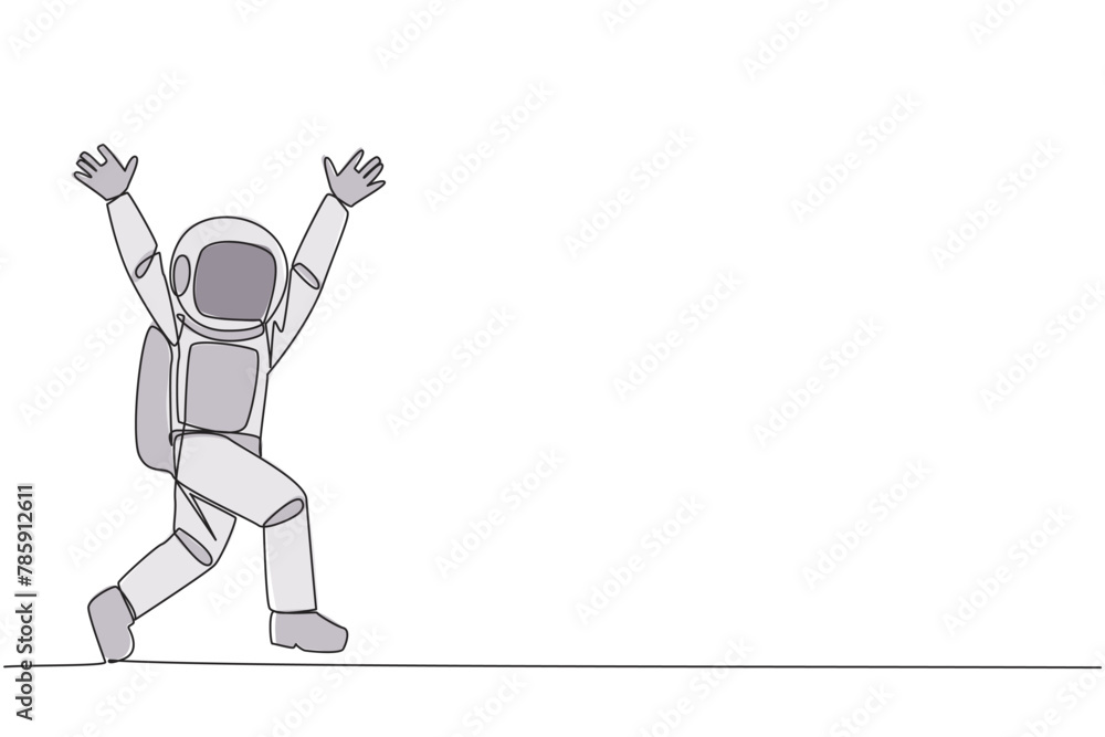 Single one line drawing young astronaut running to celebrate the success of business. Like a football player who scores goal, he doing celebrates. Success. Continuous line design graphic illustration Single one line drawing young astronaut running to celebrate the success of business. Like a football player who scores goal, he doing celebrates. Success. Continuous line design graphic illustration