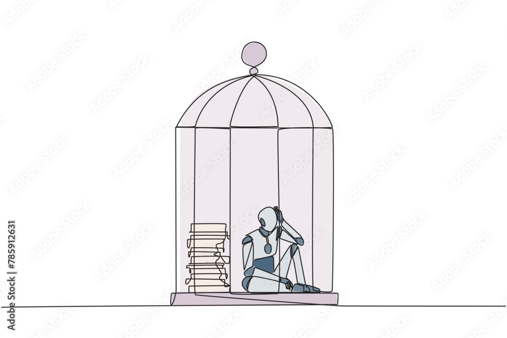Continuous one line drawing robot trapped in the cage sitting down frustrated. Stress with piling up unfinished work until close to deadline. Exhausted. Single line draw design vector illustration Continuous one line drawing robot trapped in the cage sitting down frustrated. Stress with piling up unfinished work until close to deadline. Exhausted. Single line draw design vector illustration