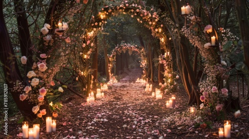 Enchanted forest wedding aisle with candlelight and rose petals  perfect for romantic ceremonies.