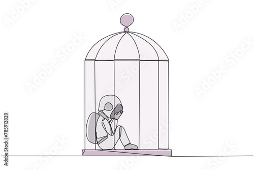 Single continuous line drawing young astronaut trapped in the cage sitting covering face. Feel utterly defeated. Trapped in a dirty business. Mentally tired. Lost. One line design vector illustration