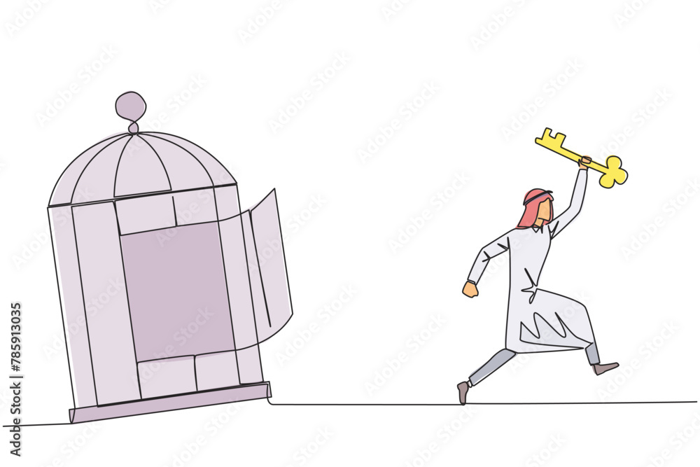 Continuous one line drawing Arab businessman running out of cage holding key. The concept of freedom from something that binds. Freedom to advance business. Single line draw design vector illustration Continuous one line drawing Arab businessman running out of cage holding key. The concept of freedom from something that binds. Freedom to advance business. Single line draw design vector illustration