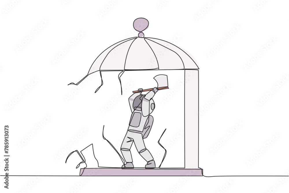 Single one line drawing young astronaut trapped in the cage holding an axe and destroy the cage. Everything is done to be free. Rising anger. Disappointed. Continuous line design graphic illustration Single one line drawing young astronaut trapped in the cage holding an axe and destroy the cage. Everything is done to be free. Rising anger. Disappointed. Continuous line design graphic illustration