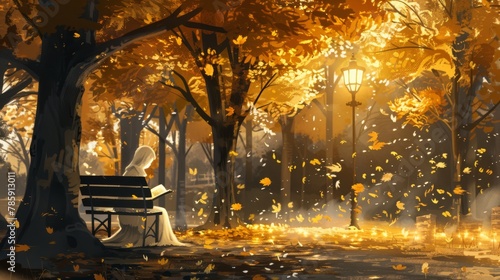 Autumn park scene with a person on a bench, surrounded by falling leaves, ideal for seasonal themes and tranquil moods in designs. photo