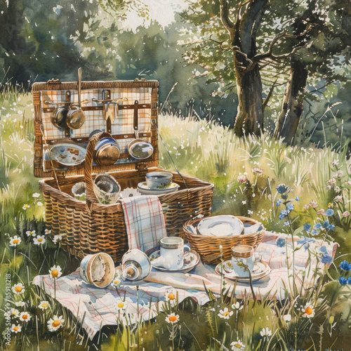 Watercolor, picnic on the grass on a warm sunny day. © MNFTs