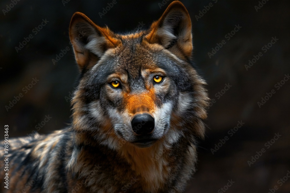 Close-up portrait of a wolf with yellow eyes in the forest