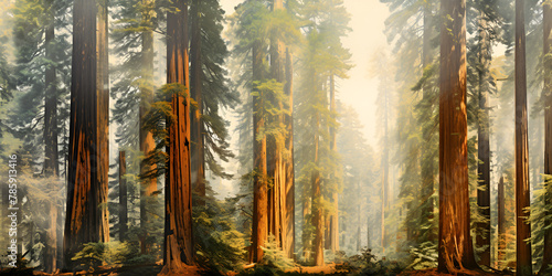 Giant Sequoia Trees Woodland Panoramic atmospheric mysterious with blurred background
 photo