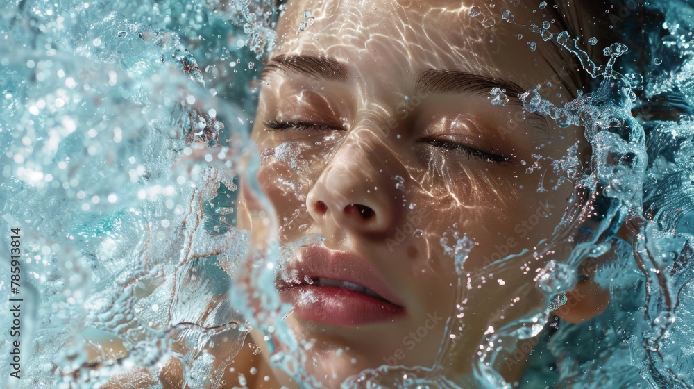 Female with water splashing around, symbolizing freshness and purity. Female with water splashing around, symbolizing freshness and purity.