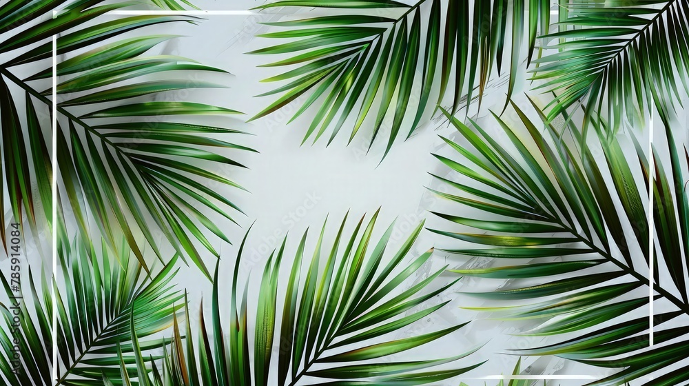 Fototapeta premium Tropical palm leaves layered to create a decorative natural border, set against a solid light backdrop for elegant commercial advertising and website usage.