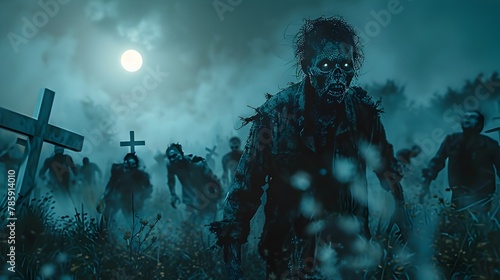 Haunting Horde of Undead Zombies Emerging from Moonlit Cemetery in Chilling,Cinematic Scene