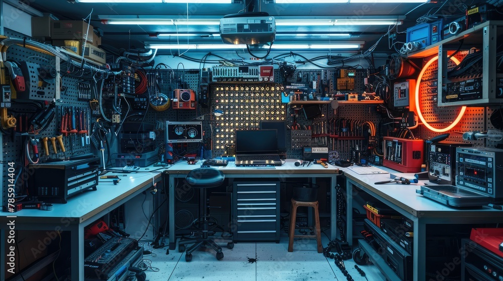 A tinker laboratory with dismantled desktop and laptop computers on work benches, well organized tools for computer repair on the walls, including screwdrivers, wrench. Generative AI.