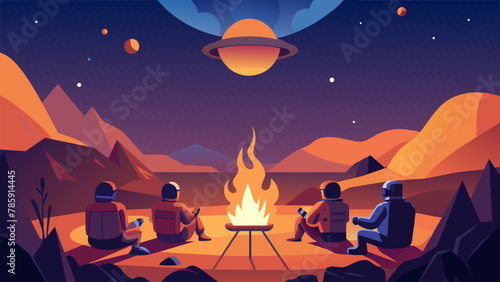 In the middle of a rocky alien landscape a group of intrepid astronauts sit around a campfire roasting marshmallows and sharing stories as