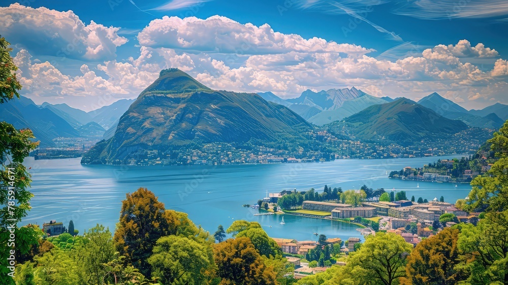 Naklejka premium A stunning scene of towering mountains reflected in a calm, crystal-clear lake, with trees lining the water's edge for a harmonious and peaceful atmosphere.