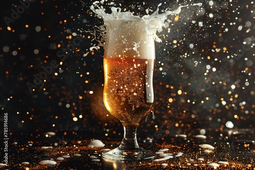 Glass of beer with splashes and drops on a black background