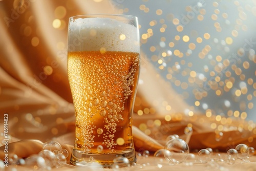 Glass of beer with bubbles on blurred background, closeup, Alcohol drink