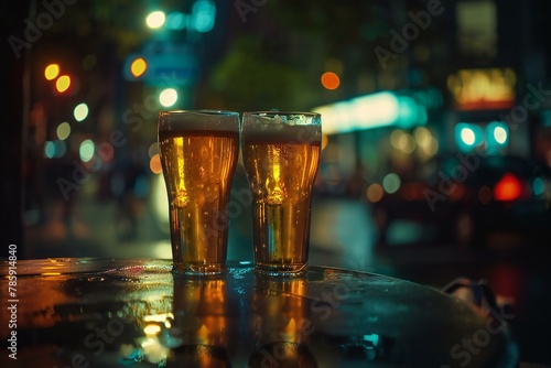 Two glasses of beer on a table in a pub with blurred background