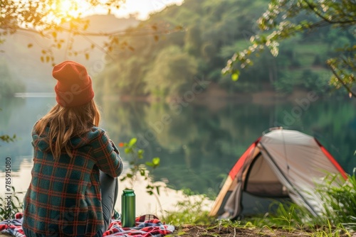 Young Woman Enjoying a Serene Sunset Beside a Camp Tent in the Mountains photo
