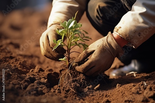 Root Pruning: Close-up of an astronaut carefully pruning plant roots. photo