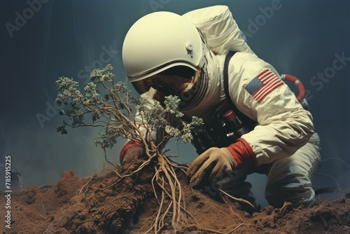 Root Pruning: Close-up of an astronaut carefully pruning plant roots.