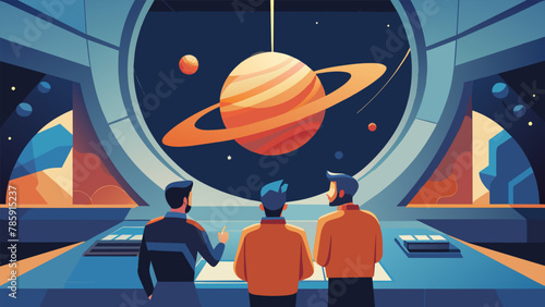 Inside their hightech spaceship a team of explorers excitedly analyzes a series of spectral maps of a newly discovered star discussing the