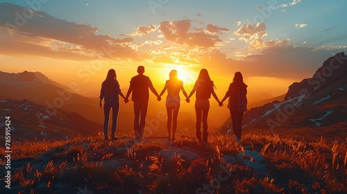 Five people holding hands, beautiful mountain backdrop in the background, glowing light. Generative AI.