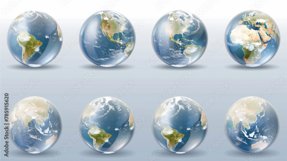 Set of transparent globes of Earth. Realistic world map in globe shape with transparent texture and shadow