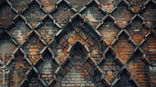 Intriguing geometric patterns in the brickwork of a historic building  adding depth and texture to a street scene 