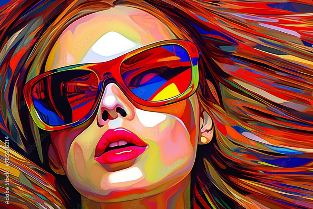 Portrait of a beautiful girl with red lips and sunglasses,  Vector illustration