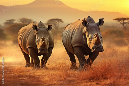 Two white rhinoceros in the savannah at sunset photo