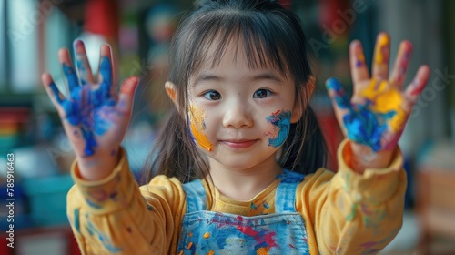 Little Chinese girl showing brightly painted palms  colorful paint on hands  art studio Background. Generative AI.