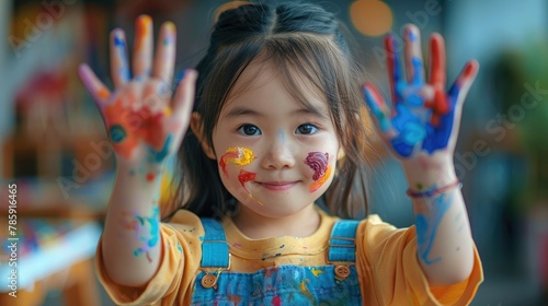 Little Chinese girl showing brightly painted palms  colorful paint on hands  art studio Background. Generative AI.