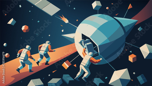 In a choreographed dance a the celestial bodies the satellite repair teams spacecraft carefully navigated past a maze of surrounding debris to