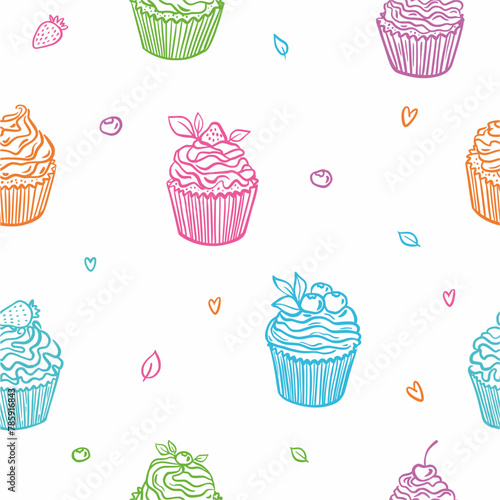 Vector, seamless pattern from a collection of cupcakes, muffins, hand-drawn in a doodle style.